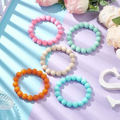 5Pcs 5 Colors 12mm Round Food Grade Eco-Friendly Silicone Beaded Stretch Bracelets for Women Men BJEW-JB10456-1