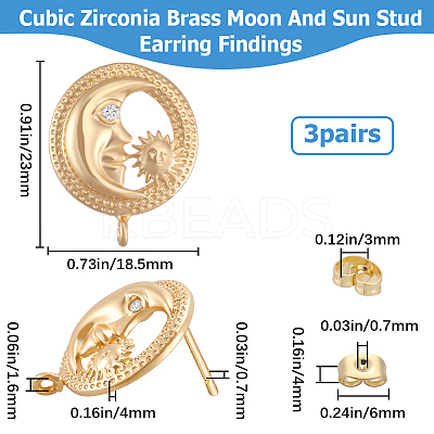3 Pairs Brass Micro Pave Cubic Zirconia Moon with Flower Stud Earring Findings KK-BBC0007-96-1