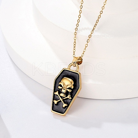 Halloween Theme 304 Stainless Steel Black Enamel Coffin with Skull Pendant Necklaces for Men NJEW-Z090-01G-1