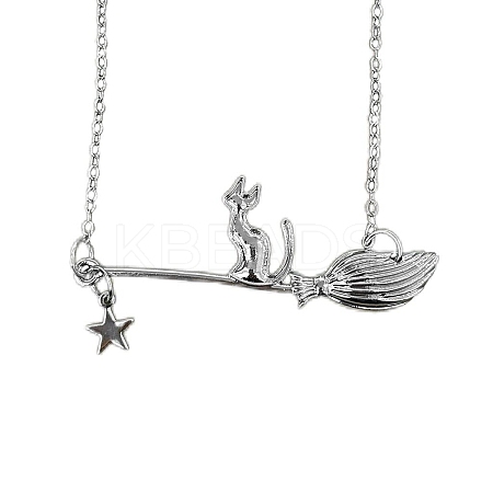 Halloween Alloy White Cat with Broom Pendant Necklaces for Women FS-WGACF10-04-1