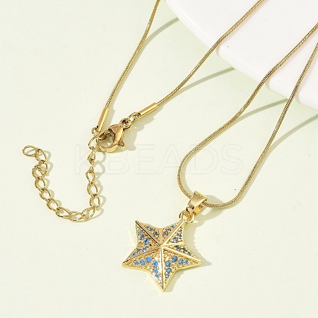 304 Stainless Steel Micro Pave Sky Blue Cubic Zirconia Pendant Necklaces for Women NJEW-Z103-01G-02-1
