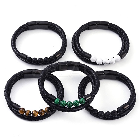 Mixed Stone Round Bead Leather Cord Multi-strand Bracelets BJEW-A009-10EB-1