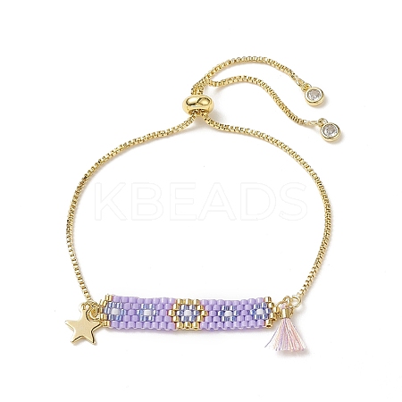 Handmade Japanese Seed Rectangle & Star & Tassel Charms Slider Bracelet BJEW-MZ00013-03-1