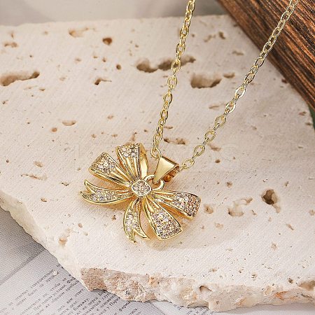 Brass Micro Pave Clear Cubic Zirconia Cable Chain Bowknot Pendant Necklaces for Women NJEW-C054-02A-G-1