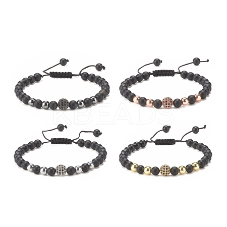 4Pcs 4 Color Natural Obsidian & Synthetic Hematite Braided Bead Bracelet with Cubic Zirconia BJEW-JB08117-1