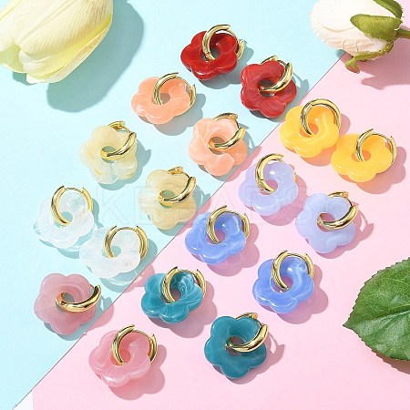 Brass Resin Flower Hoop Earrings for Women EJEW-U038-01G-1