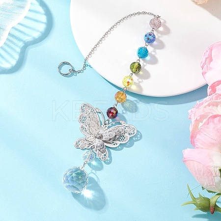 Chakra Glass Beads & Brass Butterfly Hanging Suncatchers HJEW-JM04683-1