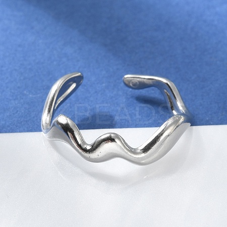 Non-Tarnish 304 Stainless Steel Wave Open Cuff Ring for Women RJEW-C040-02P-1