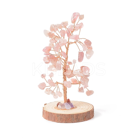 Natural Rose Quartz Chips with Brass Wrapped Wire Money Tree on Wood Base Display Decorations DJEW-B007-05G-1