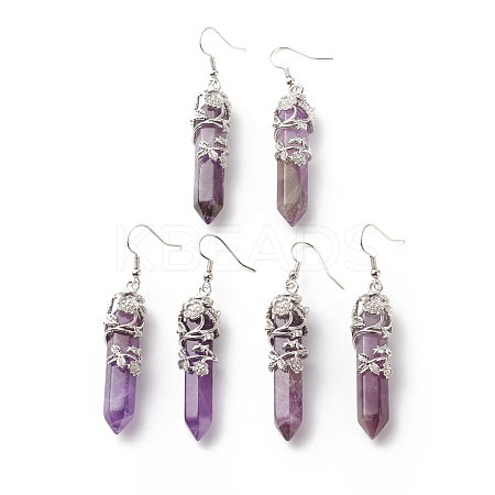 Natural Amethyst Bullet with Flower Dangle Earrings EJEW-G300-02P-03-1