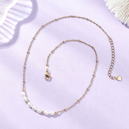 Natural Pearl Rice Beaded Pendant 304 Stainless Steel Satellite Chain Necklaces for Women NJEW-JN05782-1