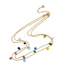 304 Stainless Steel Ball Chain Colorful Cubic Zirconia Flat Round Tassel Double Layer Necklaces for Women NJEW-A051-05G-4