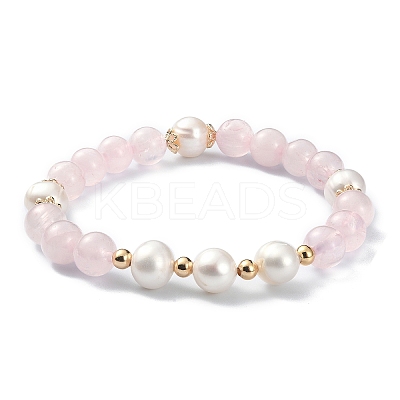Natural Rose Quartz & Pearl Beaded Stretch Bracelet for Women BJEW-JB09384-02-1