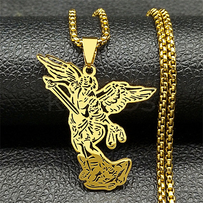 201 Stainless Steel Archangel Saint Michael Pendant Necklaces LS-NJEW-K283-10G-1