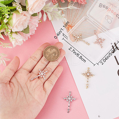 6Pcs 3 Colors Brass Pave Clear Cubic Zirconia Connector Charms ZIRC-BBC0001-90-1