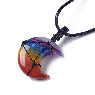 Adjustable Natural Mixed Gemstone Moon Pendant Necklace NJEW-B086-02M-1
