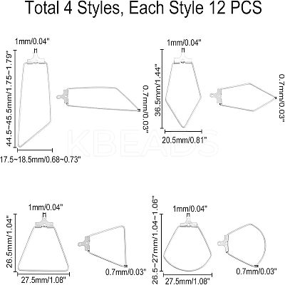 48 Pcs 4 Styles 304 Stainless Steel Pendants STAS-UN0022-08P-1