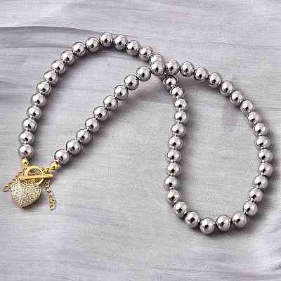 Brass Micro Pave Clear Cubic Zirconia Heart Pendant Round Beaded Necklaces for Women NJEW-D314-07PG-1