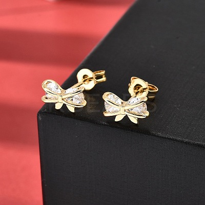Bowknot Brass Micro Pave Clear Cubic Zirconia Stud Earrings EJEW-A135-07G-1
