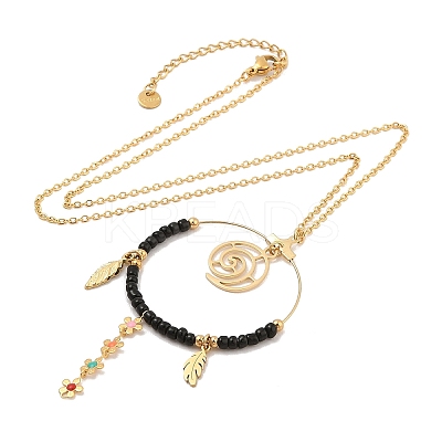 Boho Plasic Bead & 304 Stainless Steel Flower & leaf Pendant Cable Chain Necklaces for Women NJEW-A032-07G-01-1