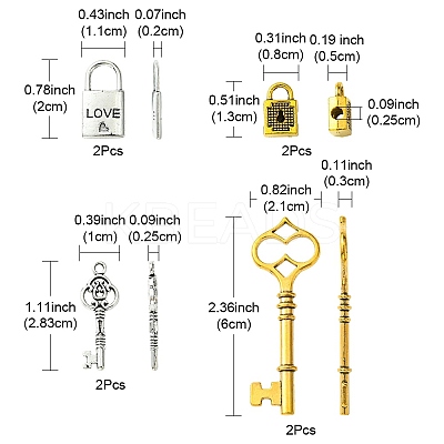 8Pcs 4 Styles Tibetan Style Alloy Skeleton Key Lock Pendants FIND-FS0002-11-1
