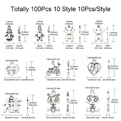 100Pcs 10 Styles Tibetan Style Alloy Pendants FIND-CJ0002-30-1