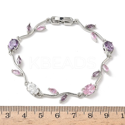 Brass Micro Pave Cubic Zirconia Oval & Leaf Link Chain Bracelets for Women BJEW-G764-05P-01-1