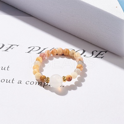 Natural Crazy Agate Round Beaded Stretch Ring with Moonstone RJEW-JR00440-04-1