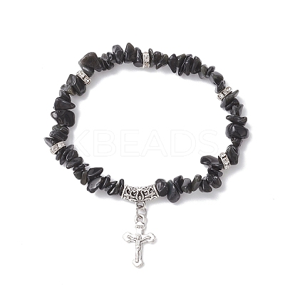 Natural Obsidian Chip Beaded Stretch Bracelets BJEW-JB12316-02-1