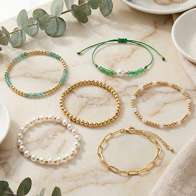6Pcs 6 Styles Adjustable White Round Imitation Pearl & Glass & Brass Beaded Stretch Bracelet Sets HI6253-1-1