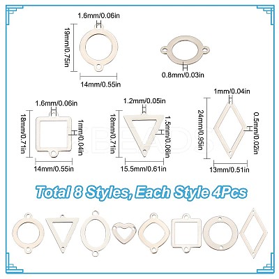 32Pcs 8 Styles Stainless Steel Connector Charms STAS-SC0005-07-1