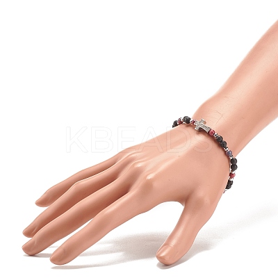 Natural & Synthetic Mixed Gemstone Beaded Stretch Bracelet with Clear Cubic Zirconia Cross for Women BJEW-JB08247-01-1