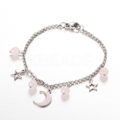 Moon & Star Stainless Steel Gemstone Charm Bracelets BJEW-JB01935-01-1