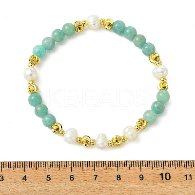 Round Natural Amazonite & Cultured Freshwater Pearl & Brass Beaded Stretch Bracelets for Women BJEW-JB14060-01-1