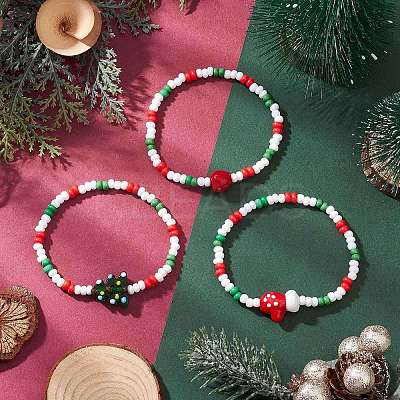 3Pcs 3 Styles Christmas Glass Seed & Handmade Lampwork Beads Stretch Bracelets for Women BJEW-MZ00197-1