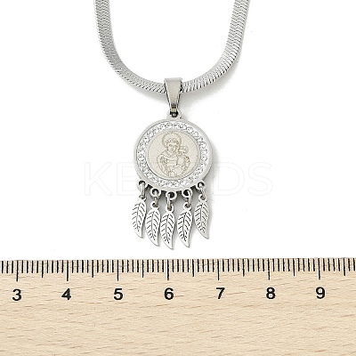 201 Stainless Steel Clear Cubic Zirconia Flat Round Virgin with Feather Pendant Necklaces NJEW-H055-04P-1