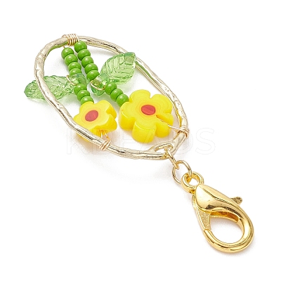Oval with Flower Glass Seed Bead & Lampwork & Alloy Pendant Decoraitons HJEW-MZ00351-03-1