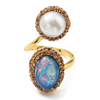 Resin Oval & Imitation Pearl Open Cuff Ring with Rhinestone RJEW-D005-10G-1