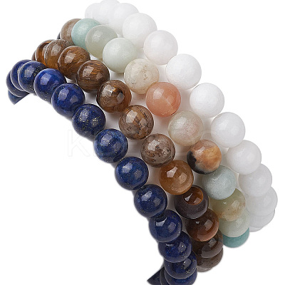 4Pcs Constellation 8mm Round Natural Lapis Lazuli & Malaysia Jade & Flower Amazonite & Yellow Tiger Eye Beaded Stretch Bracelets for Women BJEW-JB10638-1