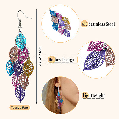 2 Pairs 430 Stainless Steel Leaf Dangle Earrings EJEW-TA0001-83B-1