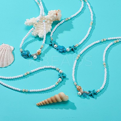 4Pcs 4 Style Natural Pearl & Shell & Dyed Synthetic Turquoise Beaded Necklaces Set NJEW-JN04039-1