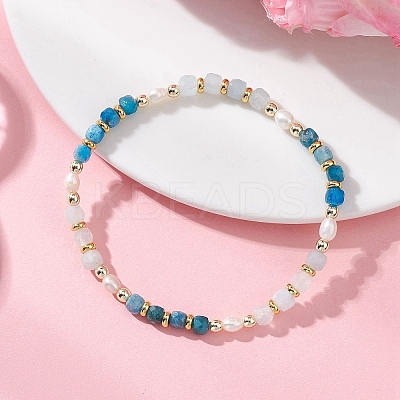 Natural Aquamarine & Natural Apatite Cube Beaded Stretch Bracelets for Women BJEW-JB13390-02-1