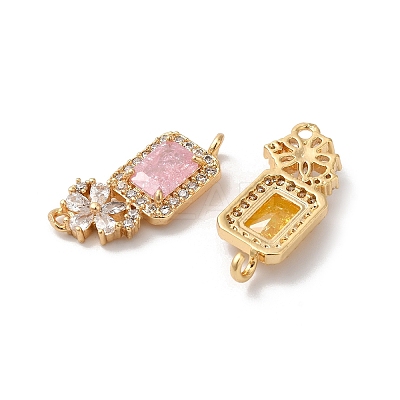 Brass Pave Clear Cubic Zirconia Flower Rectangle Links Connector Charms KK-C062-022G-1
