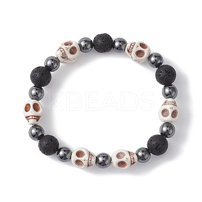 Halloween Skull Synthetic Turquoise & Round Lava Rock & Synthetic Non-Magnetic Hematite Beaded Stretch Bracelets for Women BJEW-JB10656-01-1