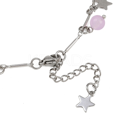 3Pcs 3 Colors 201 Stainless Steel Moon Star & Natural Dyed Malaysia Jade Round Charm Brass Bar Link Chain Anklets AJEW-AN00732-1