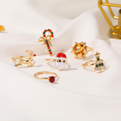 18Pcs 6 6 Style Santa Claus & Christmas Tree & Flower & Deer & Candy Cane Enamel Adjustable Rings Set RJEW-NB0001-03-1