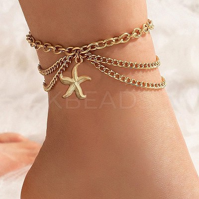 Summer Beach 304 Stainless Steel Starfish Charm 3 Layer Anklets for Women AJEW-F069-01G-1