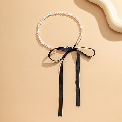 Bowknot Satin Cord Plastic Imitation Pearl Round Beaded Choker Necklaces for Women WG8633D-01-1