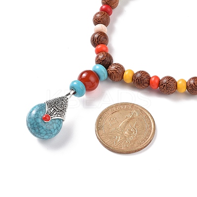 Wood & Natural Carnelian & Synthetic Turquoise Beaded Necklaces NJEW-JN04136-1