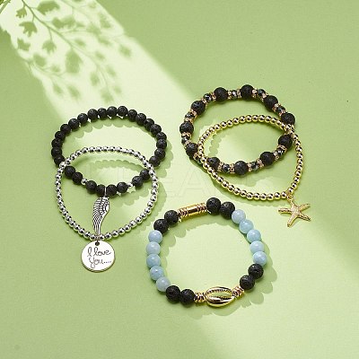 5Pcs 5 Style Natural Lava Rock & Natural Quartz & Synthetic Hematite Stretch Bracelets Set BJEW-JB08739-1